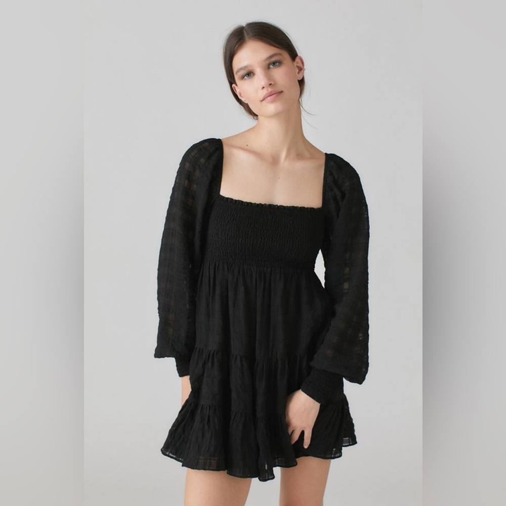 Urban Outfitters River Smocked Long Sleeve Mini Dress Small Babydoll Tiered Boho
